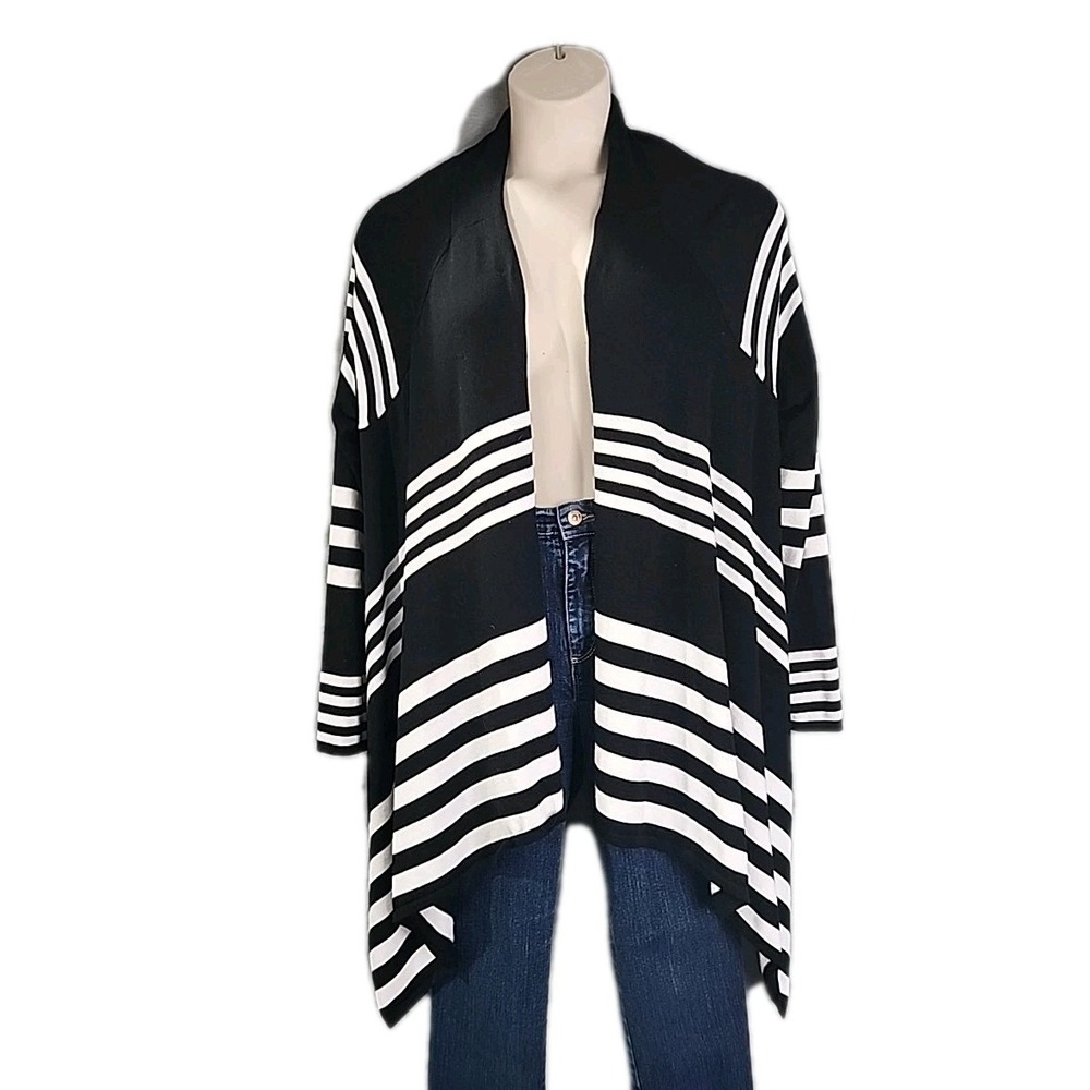 Verve Womens XL Black White Striped Open Front Draped Cardigan Sweater Rayon